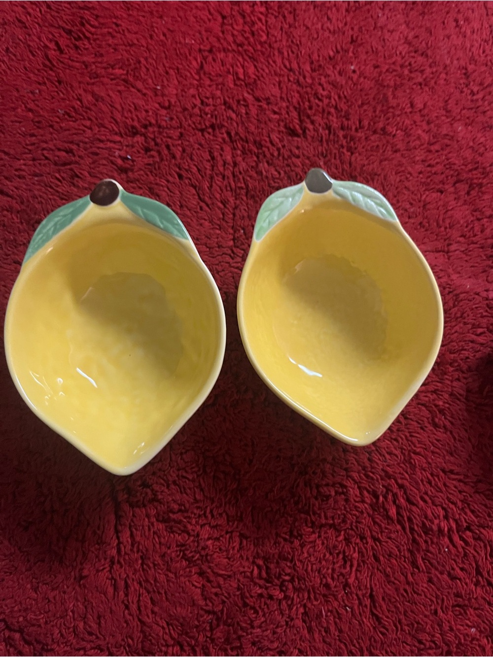 Lemon Shaped Ceramic Serving Bowls Set of Two Yellow Green Leaf Citrus Dishes